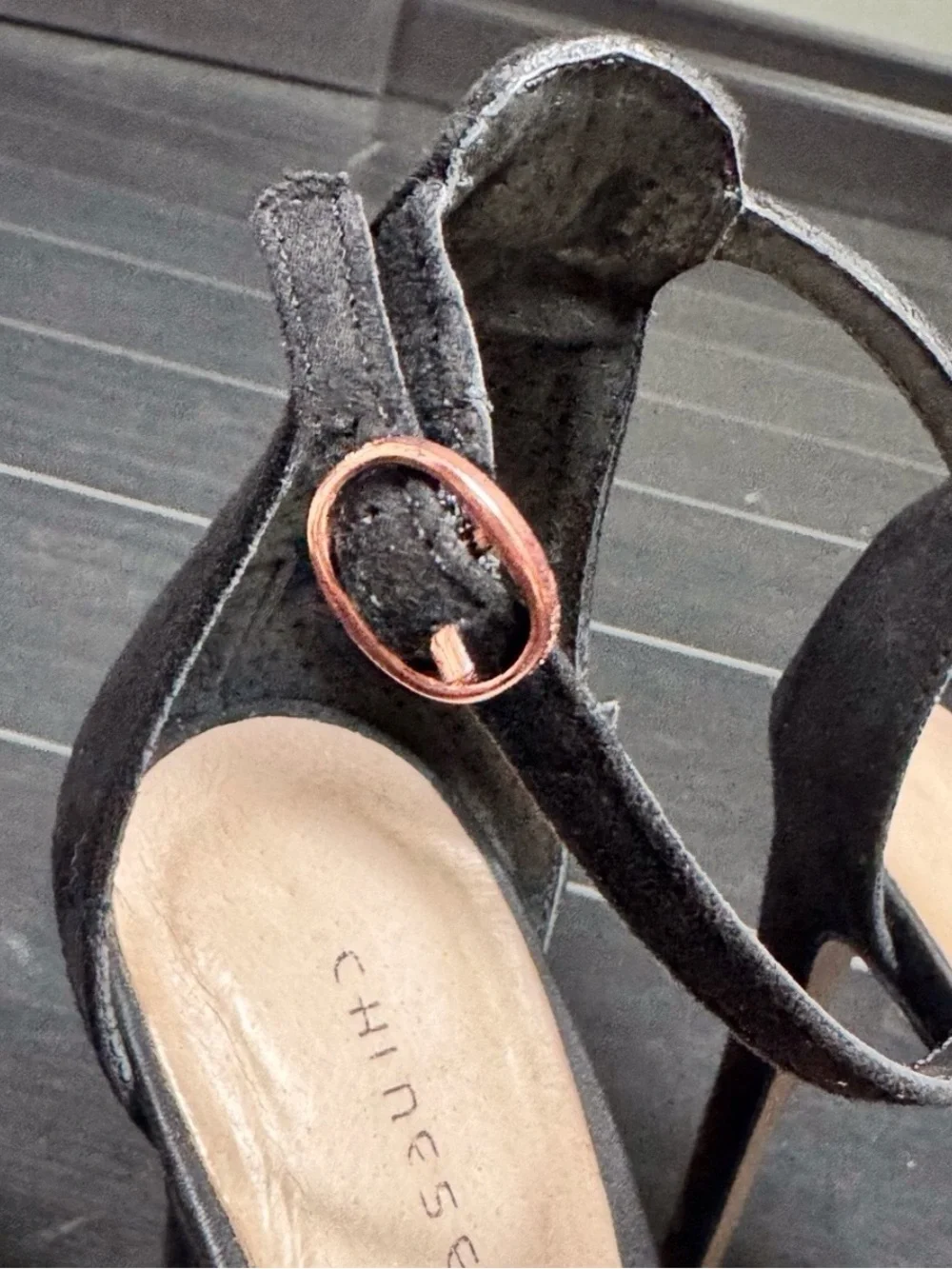 Chinese Laundry Black Ankle-Strap Heels with Pom-Pom
